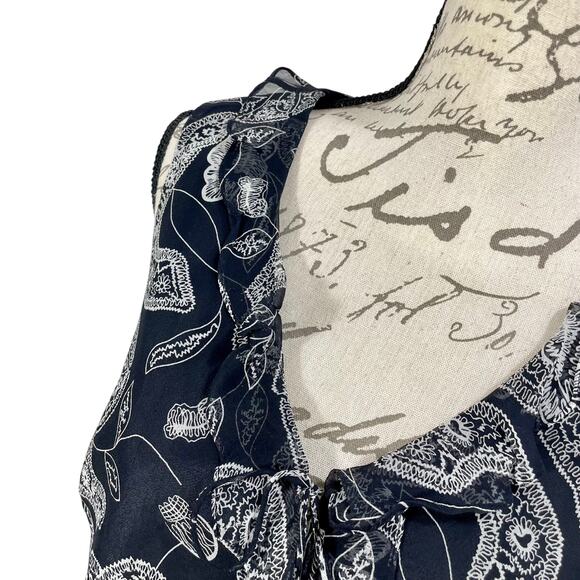 Vintage 90s Black White Paisley Print Ruffle Trim Silk Layered Tank Top Size PL - Picture 4 of 9